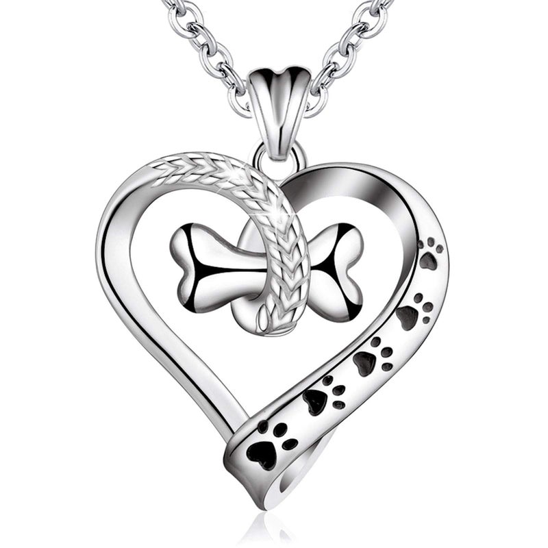 EUDORA 925 Sterling Silver Necklace Cute Dog Paws with Bone, Heart Shape Pendant 18", Gift for Dog Owner - Image 1